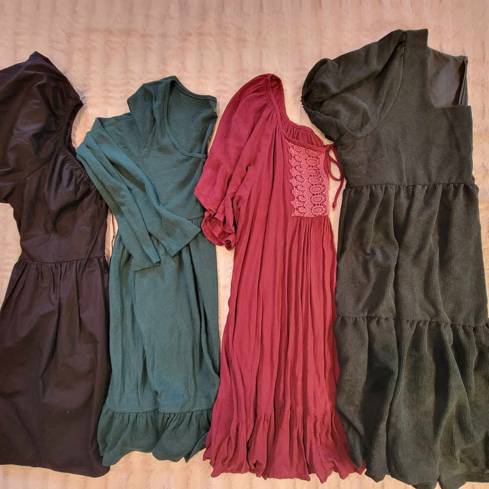 Plus Size XL / 1X Bundle Babydoll Mini Dresses, Black Green Burgundy